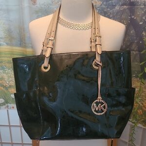 Michael Kors Black Patent Tote with Gold Accents